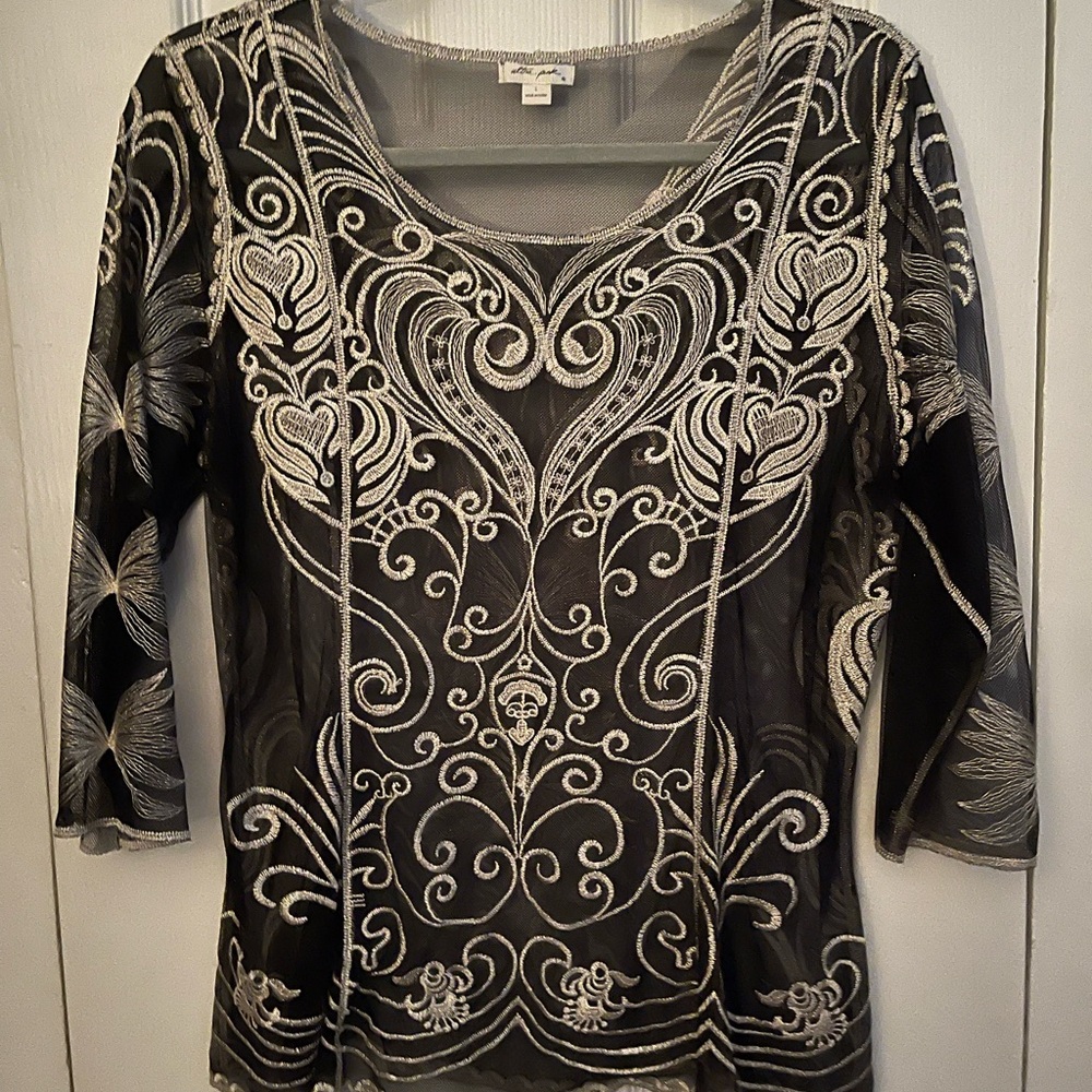 Ultra Pink Black Top with Silver Embroidery